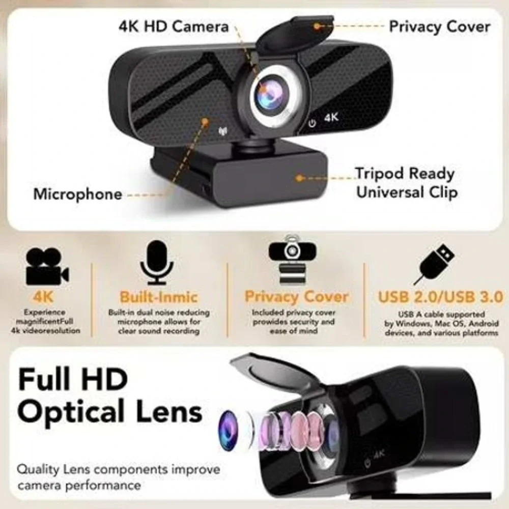 4K Ultra HD AutoFocus Webcam with Privacy Cover Tripod and Built-in Mic Black